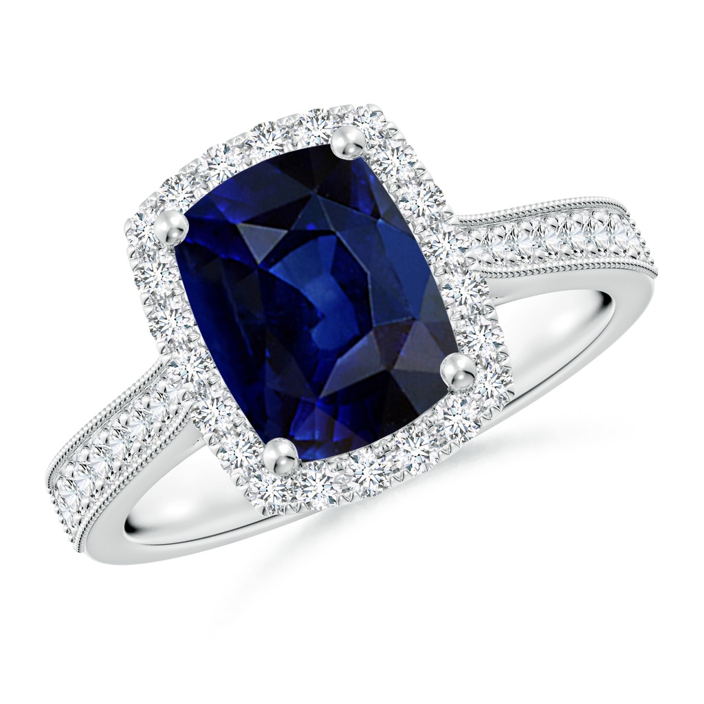 9x7mm AAA Cushion Rectangular Blue Sapphire Reverse Tapered Shank Halo Engagement Ring in White Gold