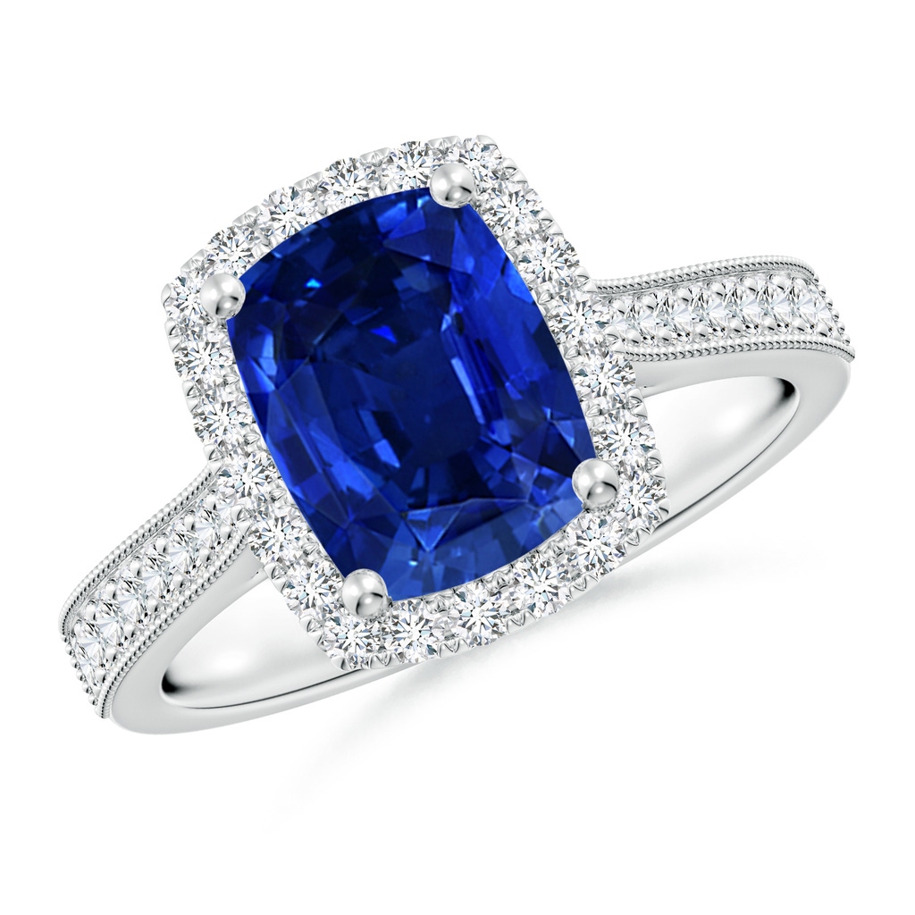 9x7mm Lab-Grown Cushion Rectangular Blue Sapphire Reverse Tapered Shank Halo Engagement Ring in White Gold