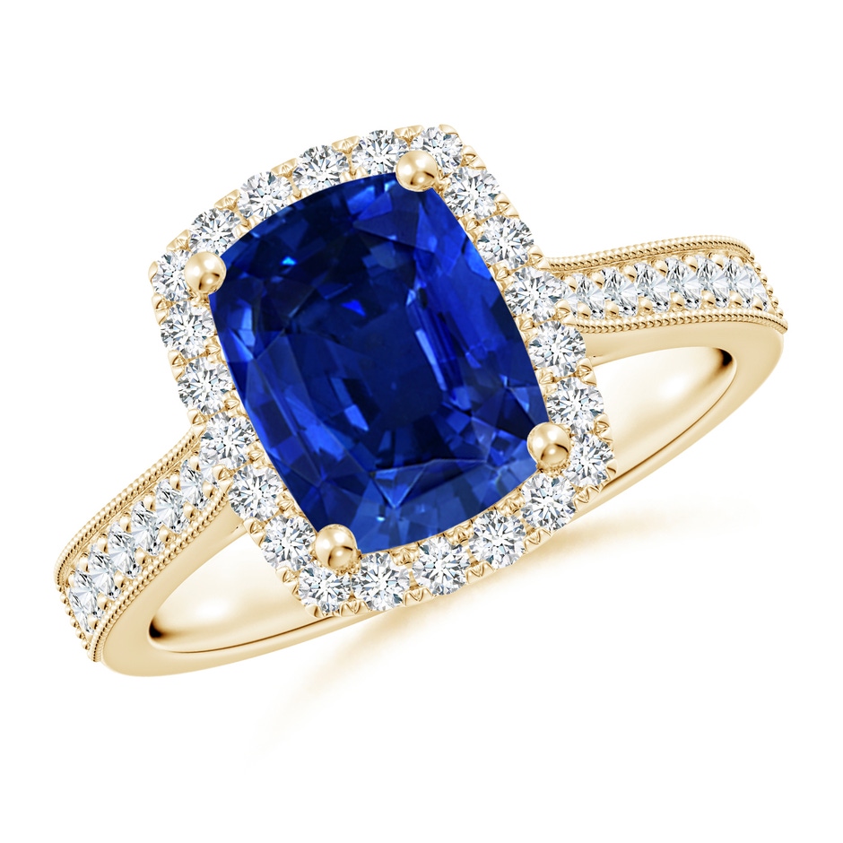 9x7mm Lab-Grown Cushion Rectangular Blue Sapphire Reverse Tapered Shank Halo Engagement Ring in Yellow Gold 