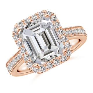 10x7.5mm IJI1I2 Emerald-Cut Diamond Reverse Tapered Shank Halo Engagement Ring in Rose Gold