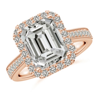 10x7.5mm KI3 Emerald-Cut Diamond Reverse Tapered Shank Halo Engagement Ring in Rose Gold