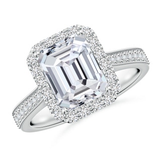8.5x6.5mm HSI2 Emerald-Cut Diamond Reverse Tapered Shank Halo Engagement Ring in White Gold