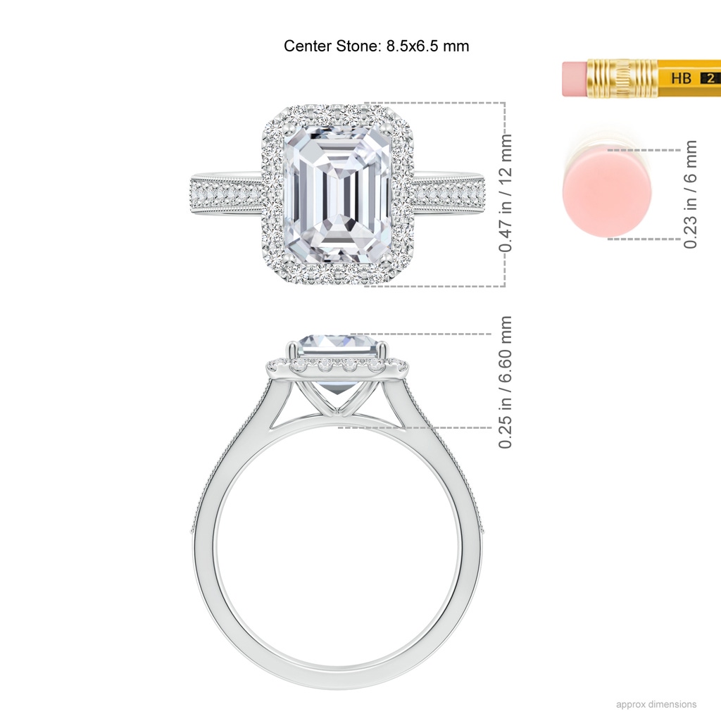 8.5x6.5mm HSI2 Emerald-Cut Diamond Reverse Tapered Shank Halo Engagement Ring in White Gold ruler