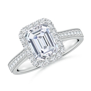 8x6mm GVS2 Emerald-Cut Diamond Reverse Tapered Shank Halo Engagement Ring in P950 Platinum