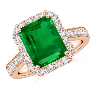 10x8mm AAAA Emerald-Cut Emerald Reverse Tapered Shank Halo Engagement Ring in Rose Gold