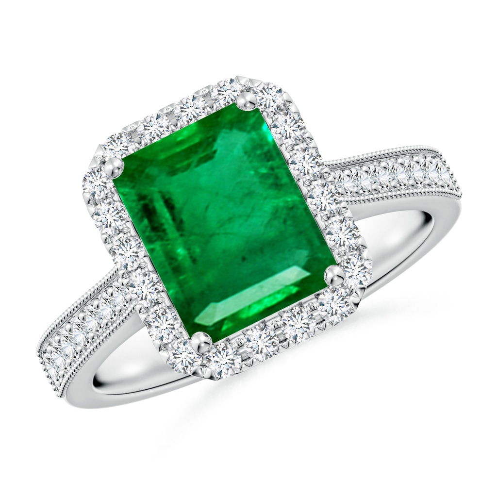 9x7mm AAA Emerald-Cut Emerald Reverse Tapered Shank Halo Engagement Ring in White Gold