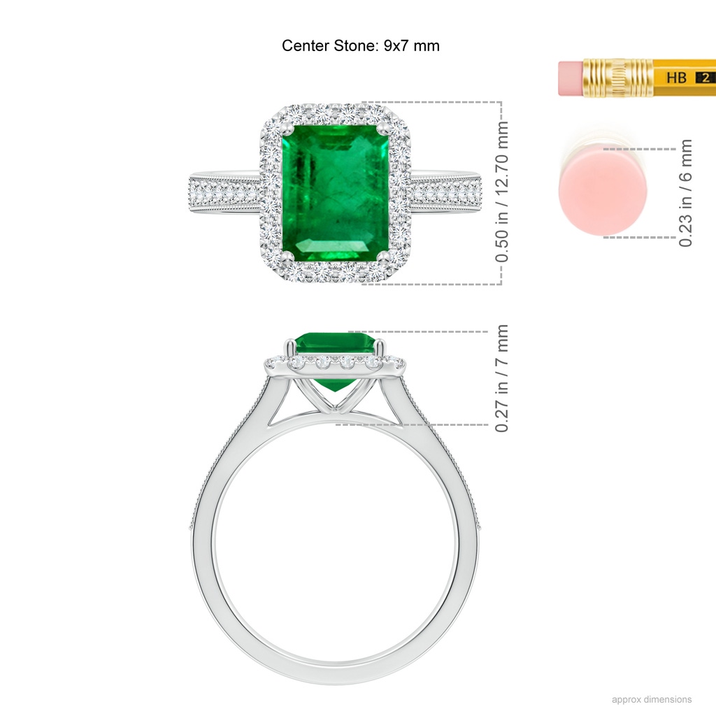 9x7mm AAA Emerald-Cut Emerald Reverse Tapered Shank Halo Engagement Ring in White Gold ruler