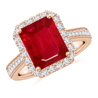 10x8mm AAA Emerald-Cut Ruby Reverse Tapered Shank Halo Engagement Ring in Rose Gold