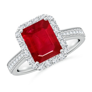 9x7mm AAA Emerald-Cut Ruby Reverse Tapered Shank Halo Engagement Ring in P950 Platinum