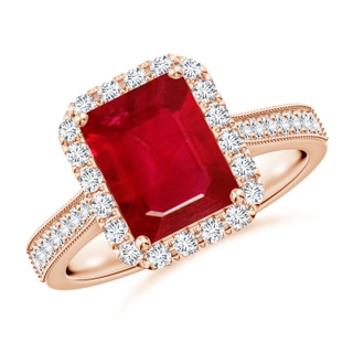 9x7mm AAA Emerald-Cut Ruby Reverse Tapered Shank Halo Engagement Ring in Rose Gold