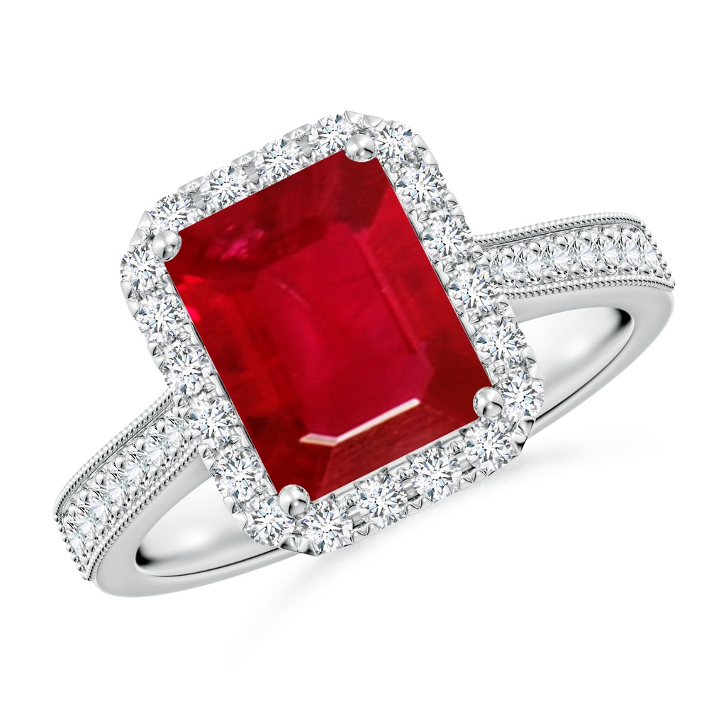 9x7mm AAA Emerald-Cut Ruby Reverse Tapered Shank Halo Engagement Ring in White Gold