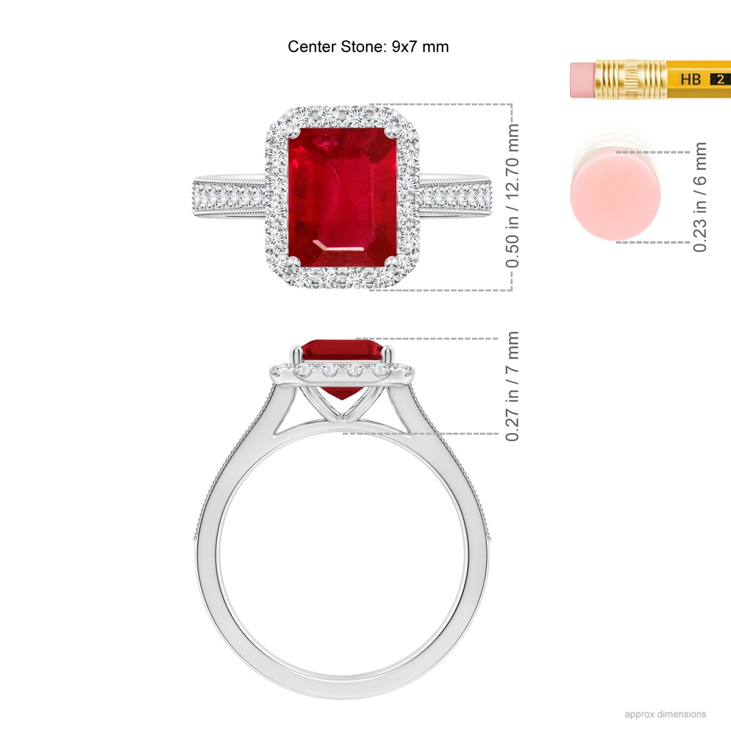 9x7mm AAA Emerald-Cut Ruby Reverse Tapered Shank Halo Engagement Ring in White Gold ruler