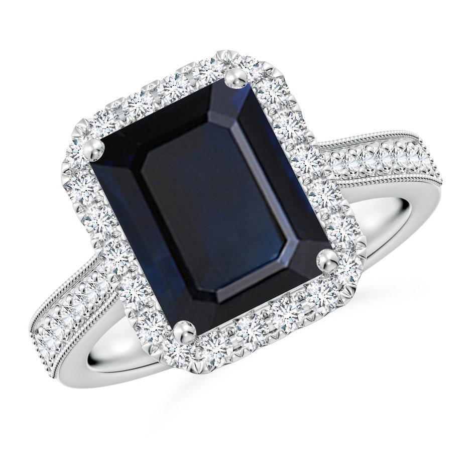10x8mm A Emerald-Cut Blue Sapphire Reverse Tapered Shank Halo Engagement Ring in 18K White Gold 