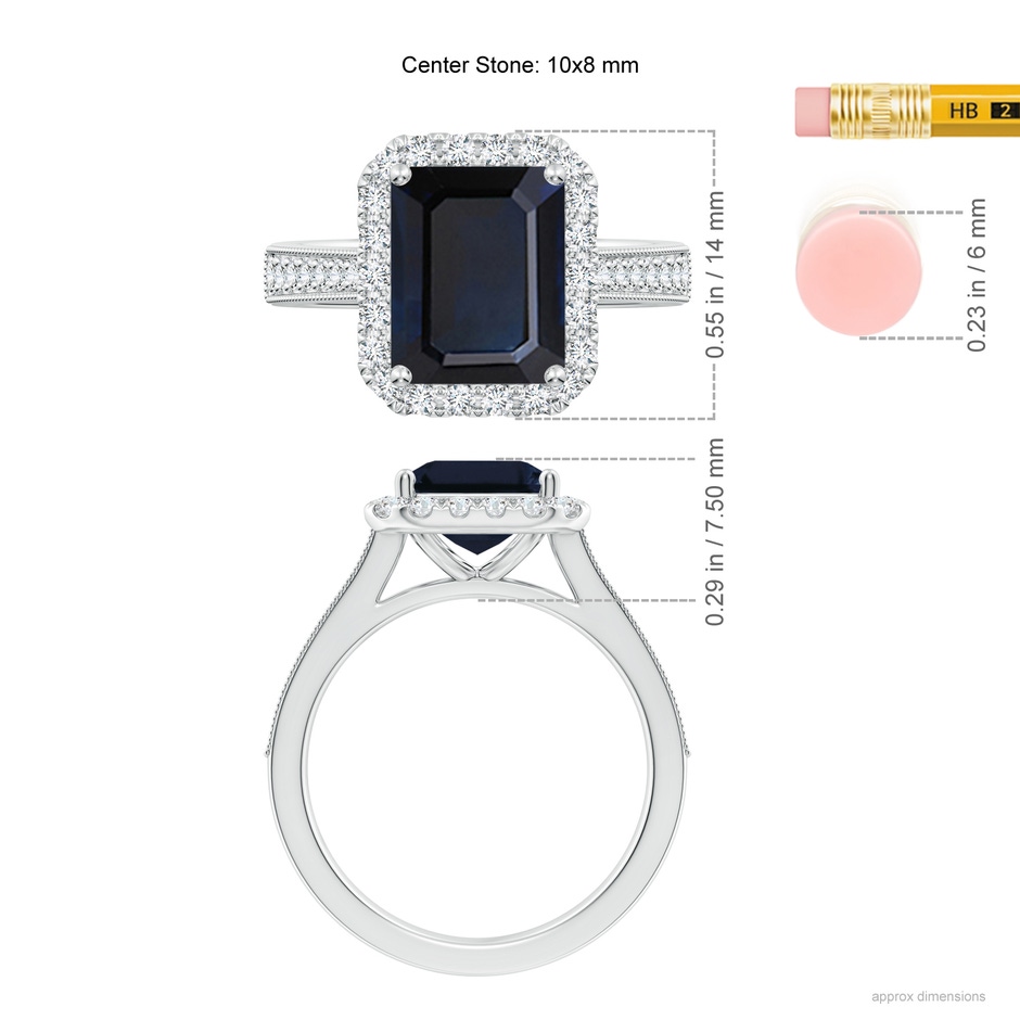 10x8mm A Emerald-Cut Blue Sapphire Reverse Tapered Shank Halo Engagement Ring in 18K White Gold ruler