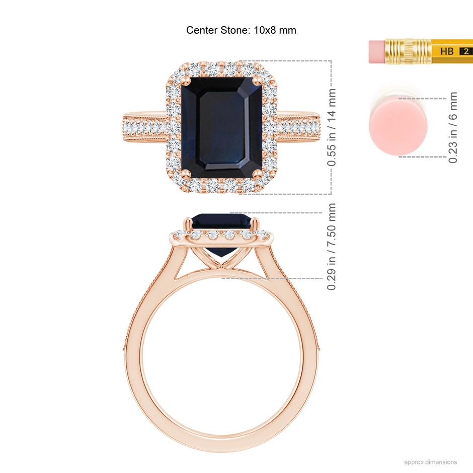 10x8mm A Emerald-Cut Blue Sapphire Reverse Tapered Shank Halo Engagement Ring in Rose Gold ruler