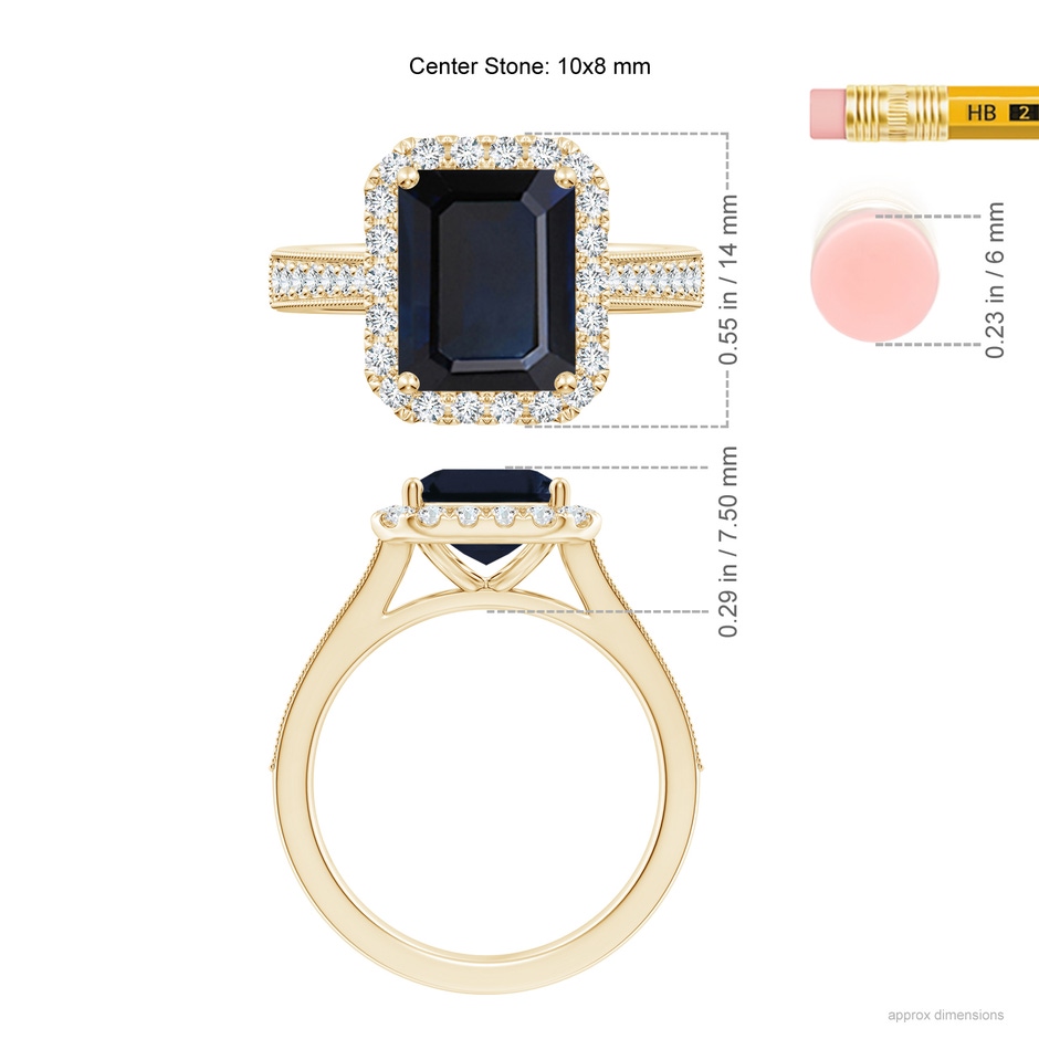 10x8mm A Emerald-Cut Blue Sapphire Reverse Tapered Shank Halo Engagement Ring in Yellow Gold ruler