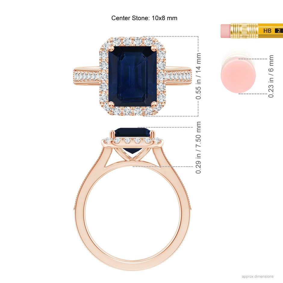 10x8mm AA Emerald-Cut Blue Sapphire Reverse Tapered Shank Halo Engagement Ring in 18K Rose Gold ruler