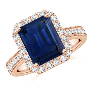 10x8mm AAA Emerald-Cut Blue Sapphire Reverse Tapered Shank Halo Engagement Ring in 18K Rose Gold