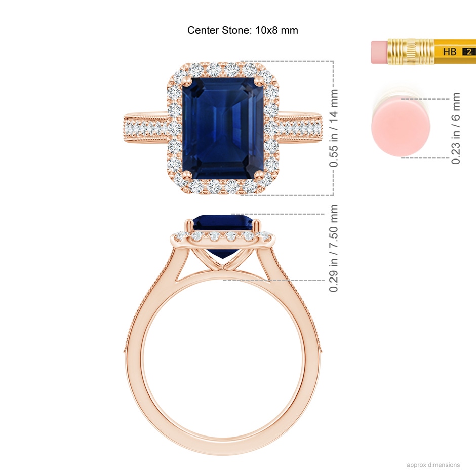 10x8mm AAA Emerald-Cut Blue Sapphire Reverse Tapered Shank Halo Engagement Ring in Rose Gold ruler