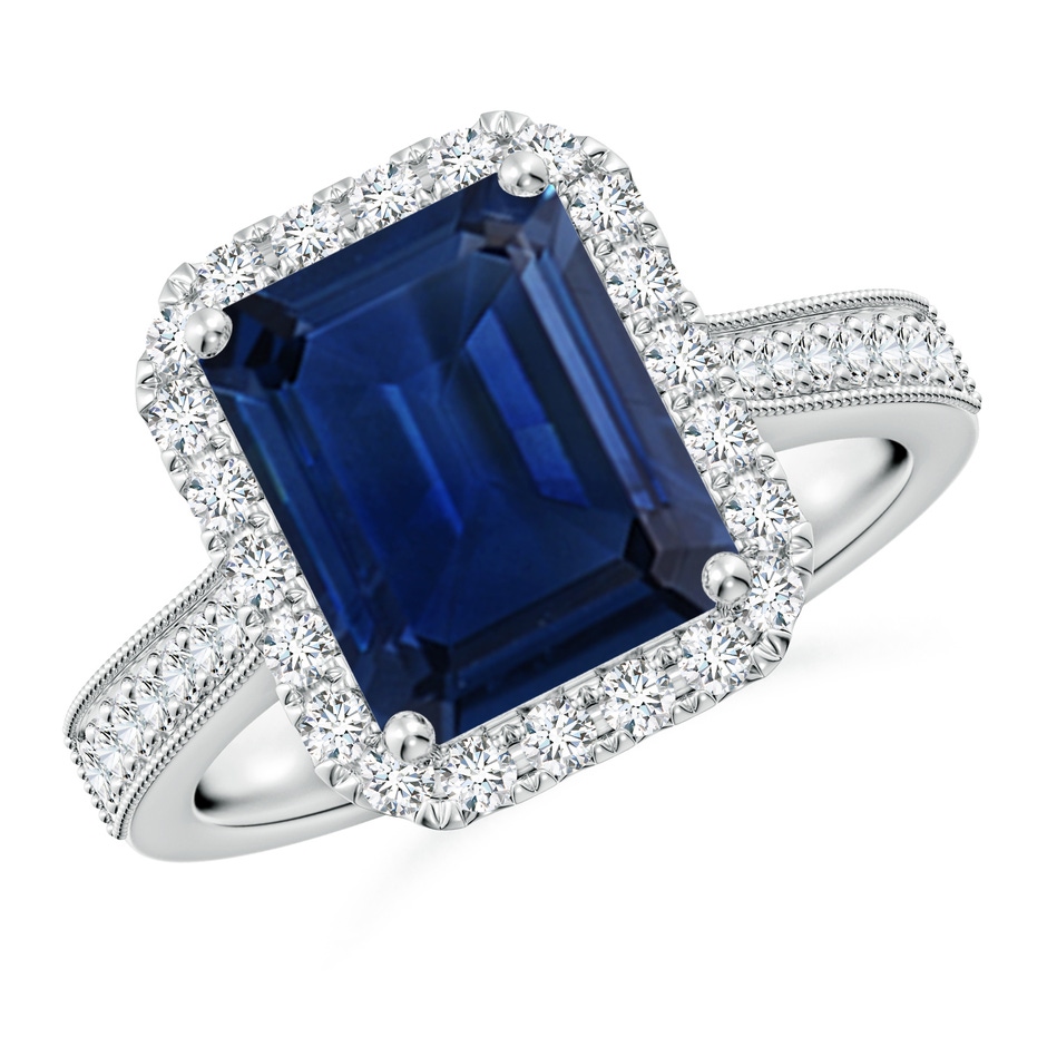 10x8mm AAA Emerald-Cut Blue Sapphire Reverse Tapered Shank Halo Engagement Ring in White Gold 