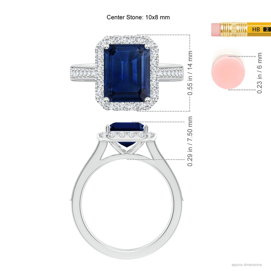 10x8mm AAA Emerald-Cut Blue Sapphire Reverse Tapered Shank Halo Engagement Ring in White Gold ruler