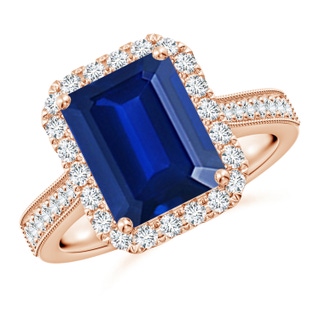 10x8mm AAAA Emerald-Cut Blue Sapphire Reverse Tapered Shank Halo Engagement Ring in 10K Rose Gold