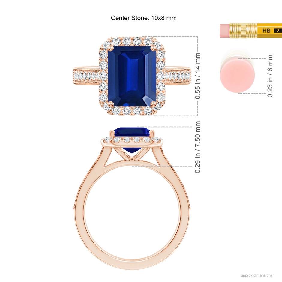 10x8mm AAAA Emerald-Cut Blue Sapphire Reverse Tapered Shank Halo Engagement Ring in 18K Rose Gold ruler