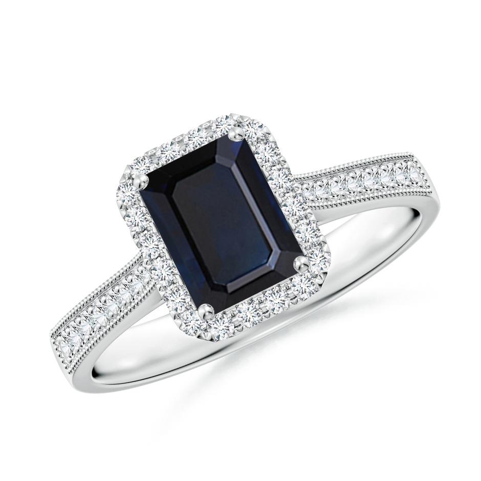 7x5mm A Emerald-Cut Blue Sapphire Reverse Tapered Shank Halo Engagement Ring in White Gold 