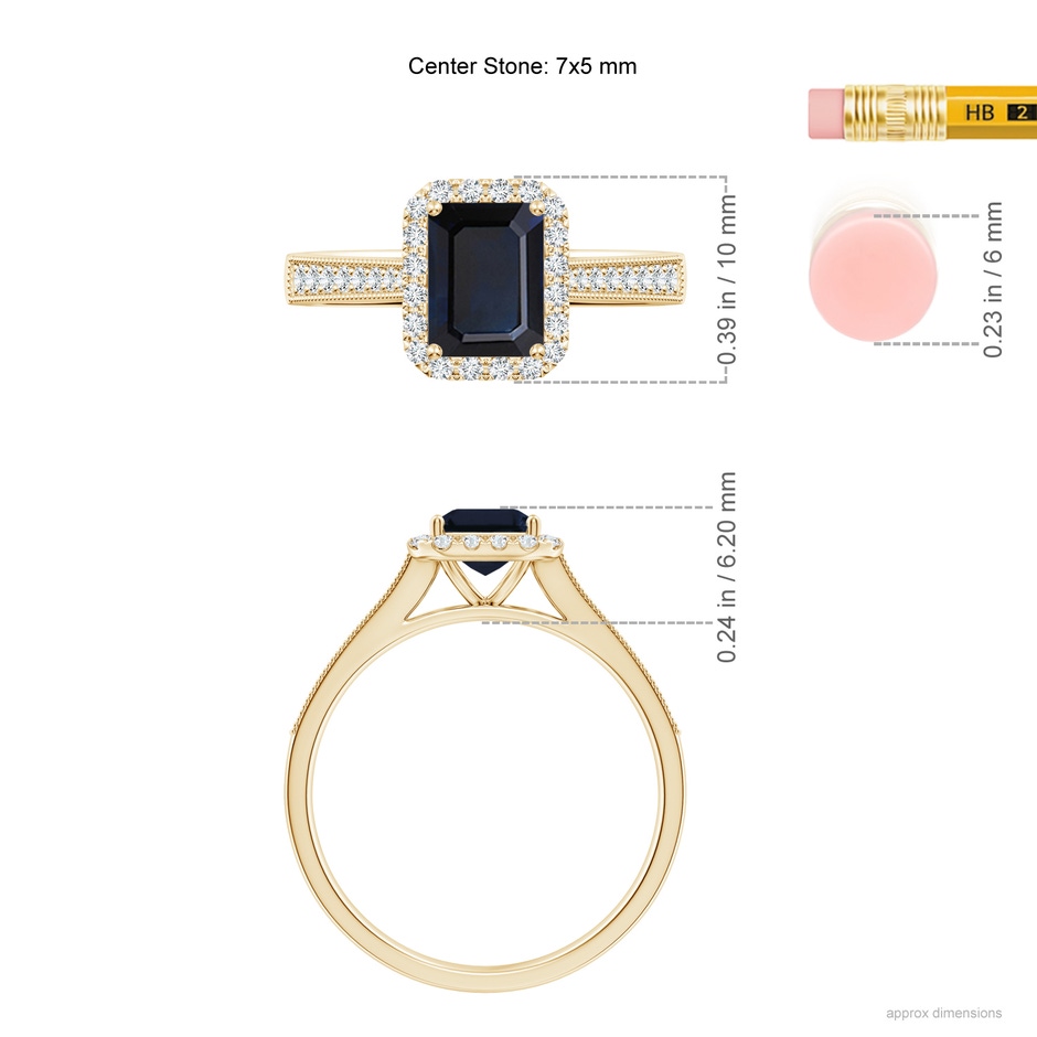 7x5mm A Emerald-Cut Blue Sapphire Reverse Tapered Shank Halo Engagement Ring in Yellow Gold ruler
