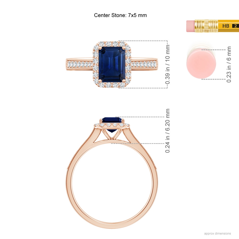 7x5mm AAA Emerald-Cut Blue Sapphire Reverse Tapered Shank Halo Engagement Ring in Rose Gold ruler