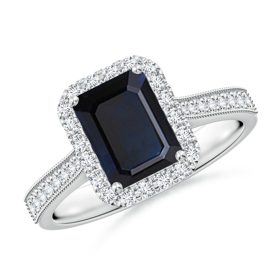 8x6mm A Emerald-Cut Blue Sapphire Reverse Tapered Shank Halo Engagement Ring in White Gold 