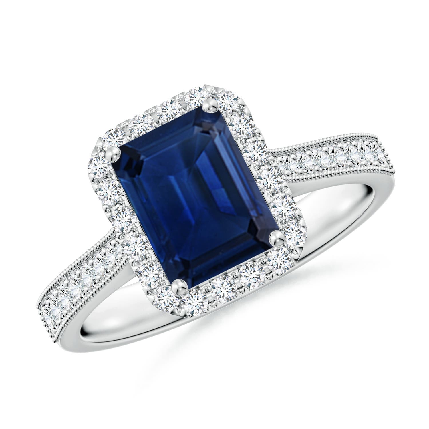 8x6mm AAA Emerald-Cut Blue Sapphire Reverse Tapered Shank Halo Engagement Ring in White Gold