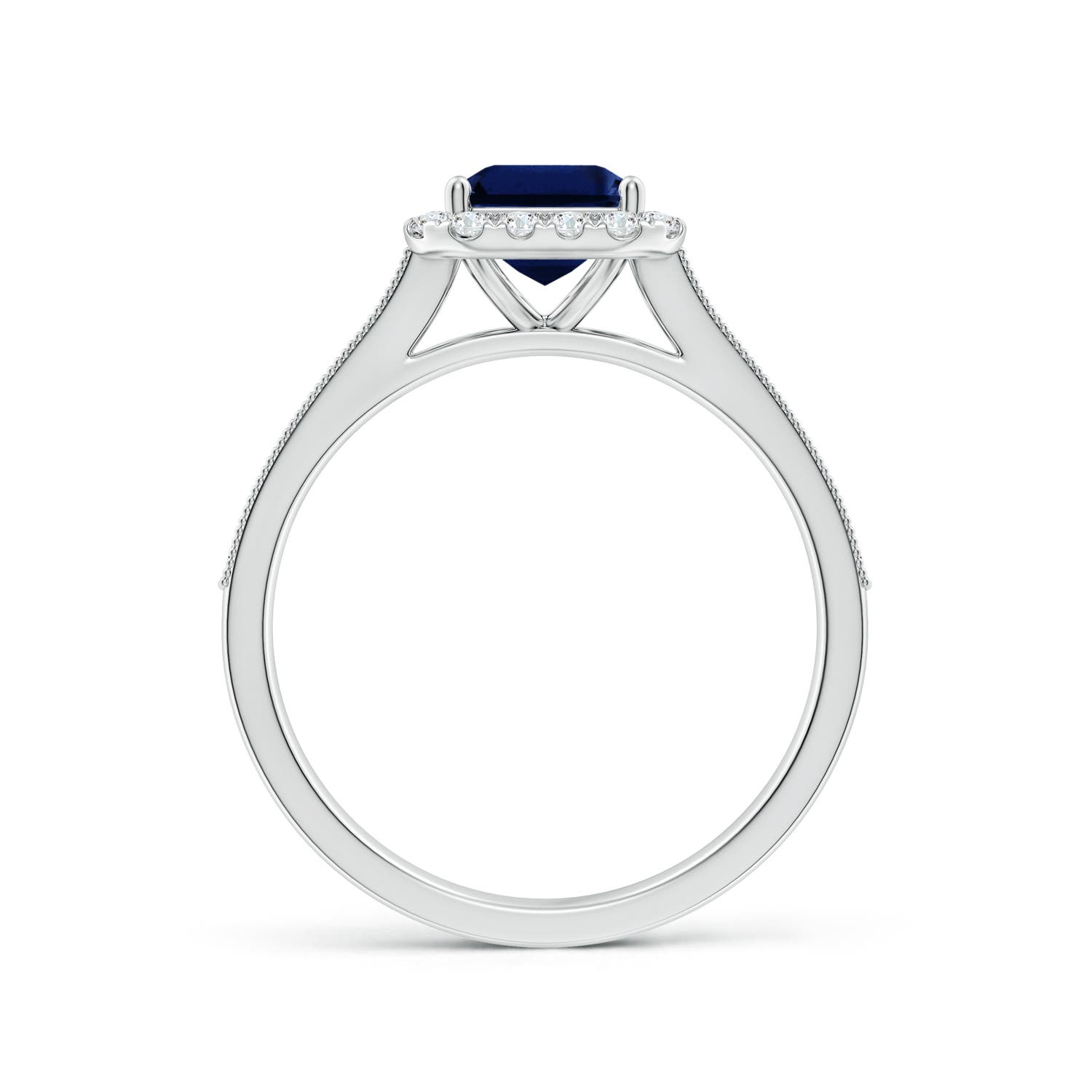 8x6mm AAA Emerald-Cut Blue Sapphire Reverse Tapered Shank Halo Engagement Ring in White Gold