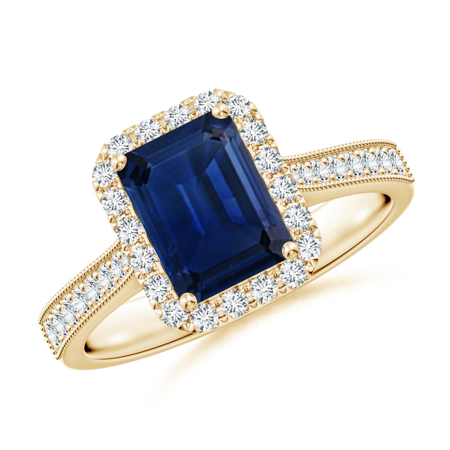 8x6mm AAA Emerald-Cut Blue Sapphire Reverse Tapered Shank Halo Engagement Ring in Yellow Gold