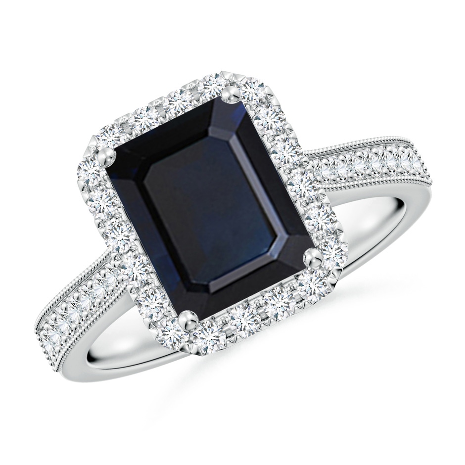 9x7mm A Emerald-Cut Blue Sapphire Reverse Tapered Shank Halo Engagement Ring in White Gold 