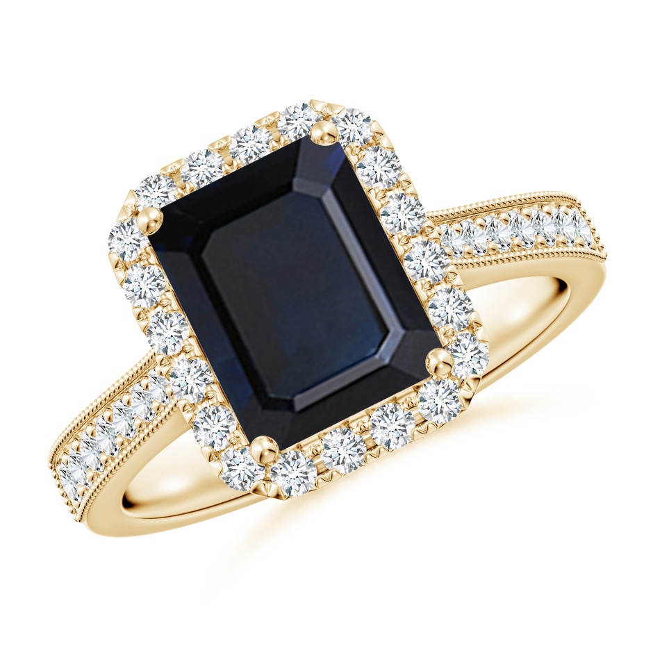 9x7mm A Emerald-Cut Blue Sapphire Reverse Tapered Shank Halo Engagement Ring in Yellow Gold 