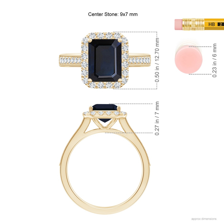 9x7mm A Emerald-Cut Blue Sapphire Reverse Tapered Shank Halo Engagement Ring in Yellow Gold ruler