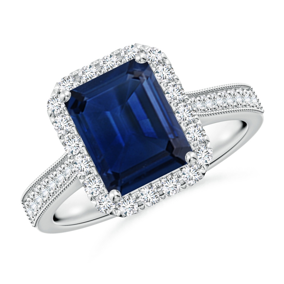 9x7mm AAA Emerald-Cut Blue Sapphire Reverse Tapered Shank Halo Engagement Ring in White Gold 