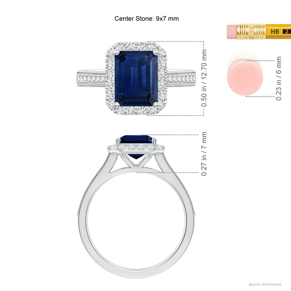 9x7mm AAA Emerald-Cut Blue Sapphire Reverse Tapered Shank Halo Engagement Ring in White Gold ruler