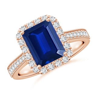 9x7mm AAAA Emerald-Cut Blue Sapphire Reverse Tapered Shank Halo Engagement Ring in Rose Gold