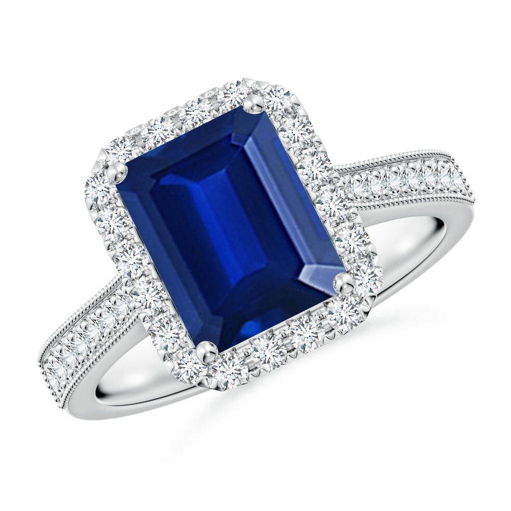 9x7mm Lab-Grown Emerald-Cut Blue Sapphire Reverse Tapered Shank Halo Engagement Ring in White Gold