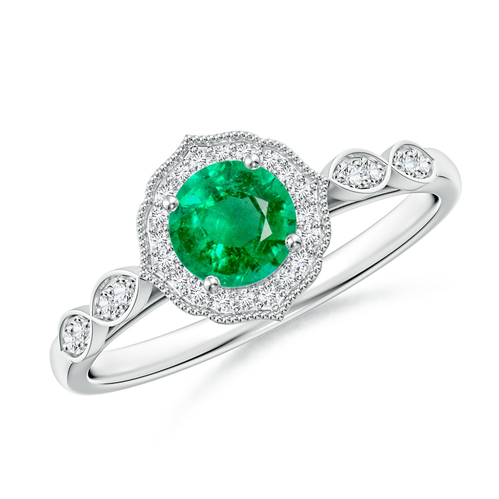 5mm AAA Vintage Inspired Round Emerald Ornate Halo Engagement Ring in White Gold