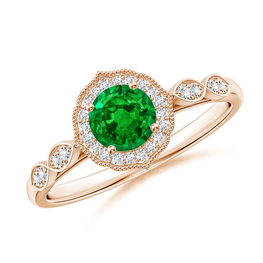 5mm AAAA Vintage Inspired Round Emerald Ornate Halo Engagement Ring in Rose Gold