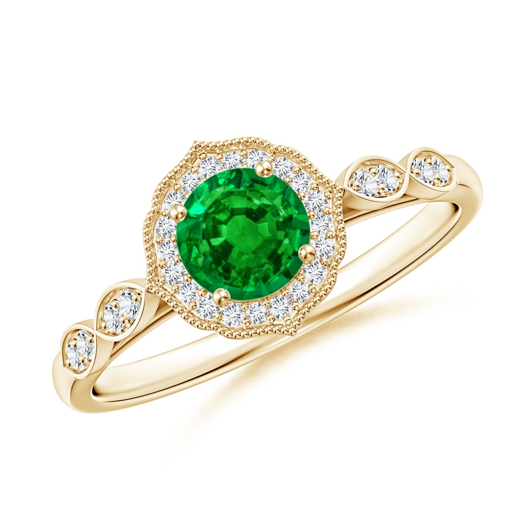 5mm AAAA Vintage Inspired Round Emerald Ornate Halo Engagement Ring in Yellow Gold