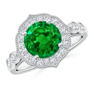 8mm AAAA Vintage Inspired Round Emerald Ornate Halo Engagement Ring in P950 Platinum