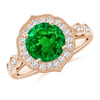 8mm AAAA Vintage Inspired Round Emerald Ornate Halo Engagement Ring in Rose Gold