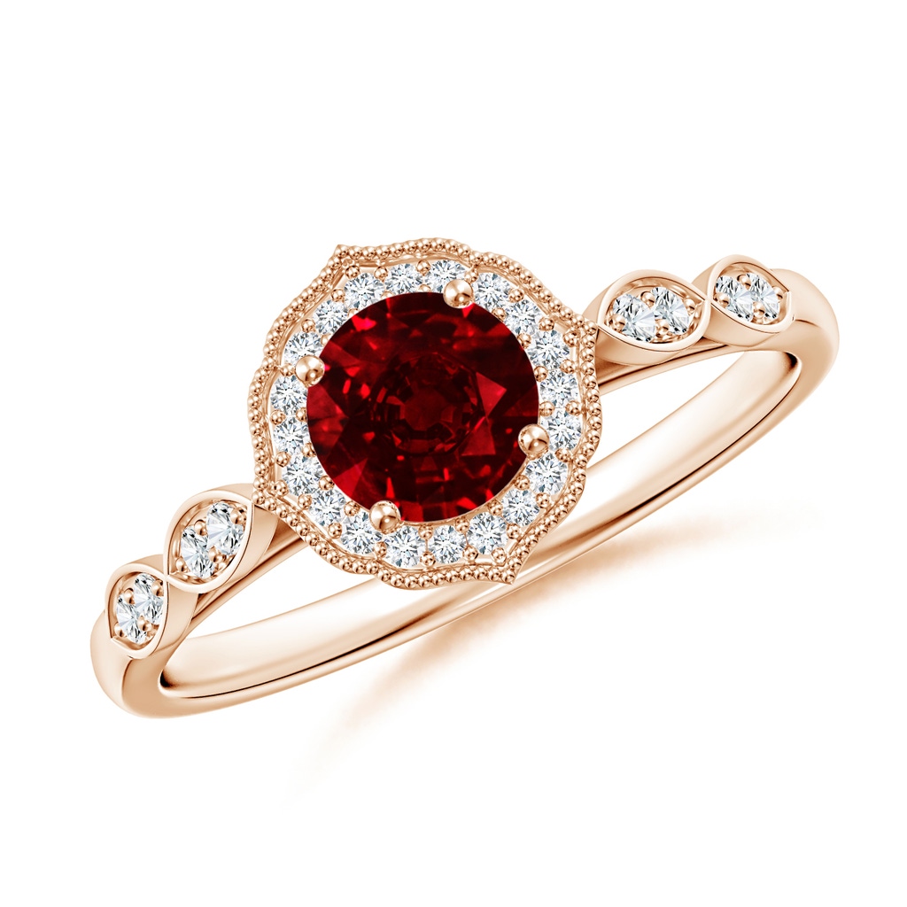 5mm AAAA Vintage Inspired Round Ruby Ornate Halo Engagement Ring in Rose Gold