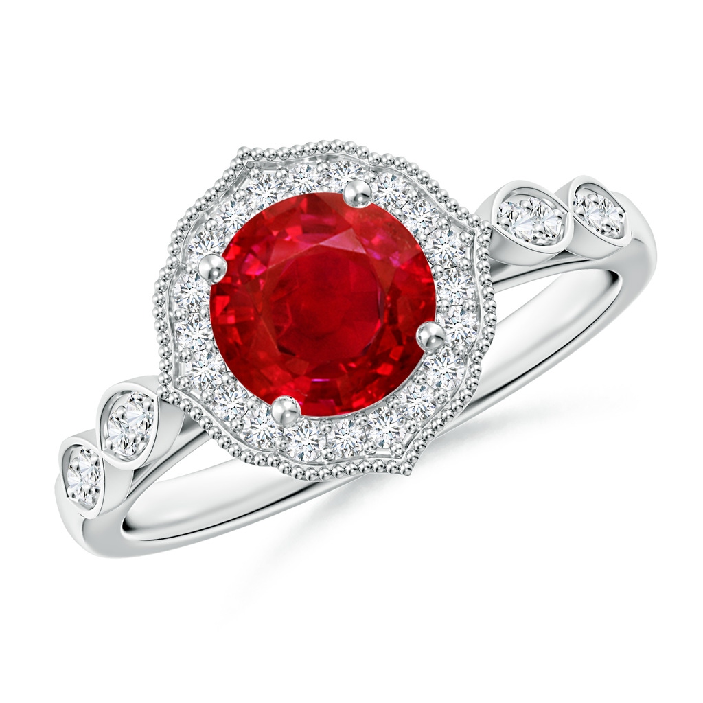 6.5mm AAA Vintage Inspired Round Ruby Ornate Halo Engagement Ring in White Gold