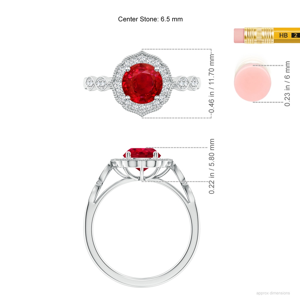6.5mm AAA Vintage Inspired Round Ruby Ornate Halo Engagement Ring in White Gold ruler