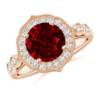 8mm AAAA Vintage Inspired Round Ruby Ornate Halo Engagement Ring in 9K Rose Gold